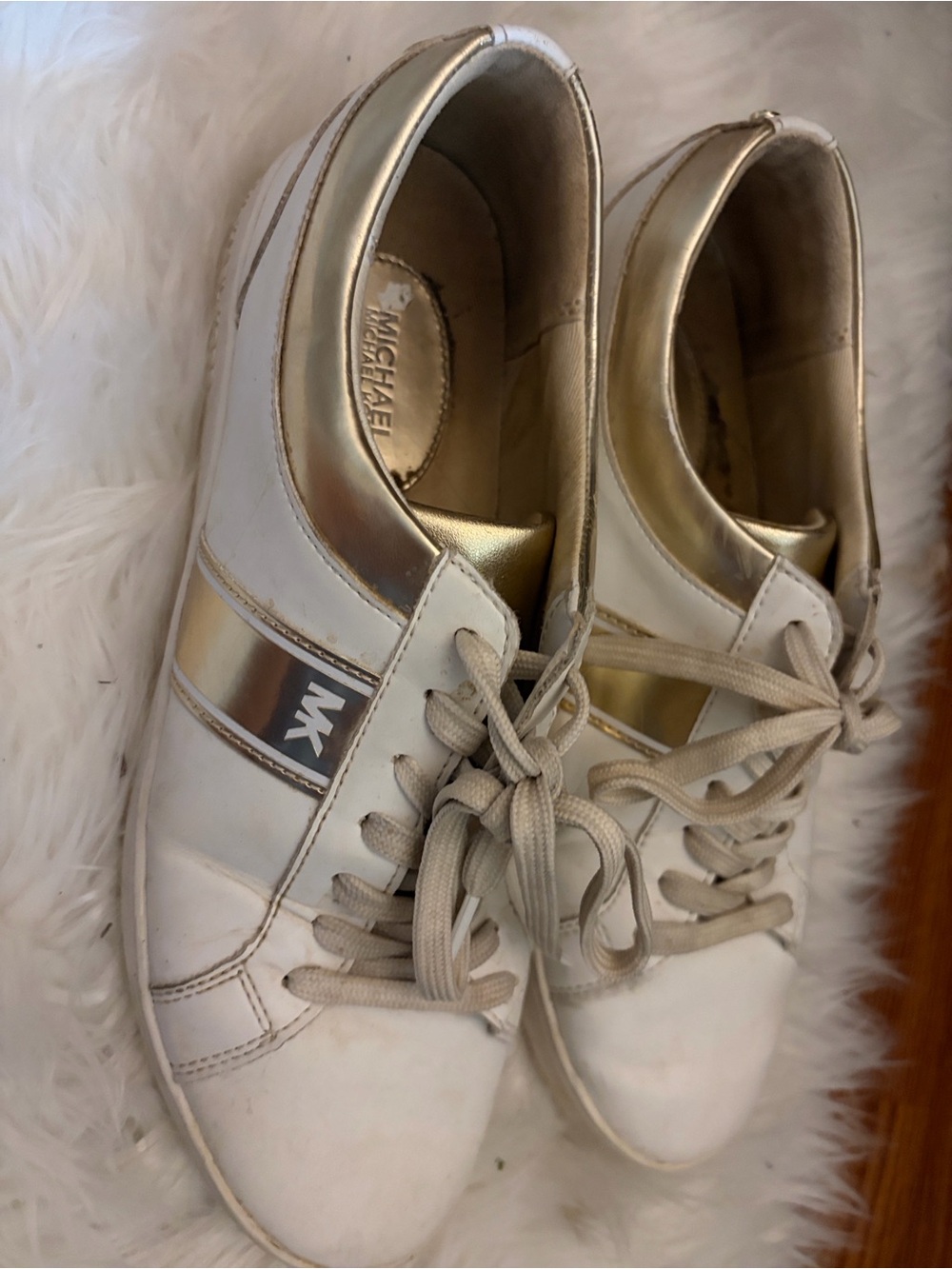 Michael Kors White and Gold Lace-Up Sneakers with MK Stripe